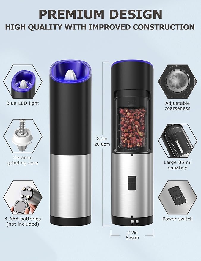 innhom Gravity Electric Salt and Pepper Grinder Set Battery Operated Salt Grinder Pepper Mill Automatic Salt and Pepper Grinder Set with Adjustable Coarseness