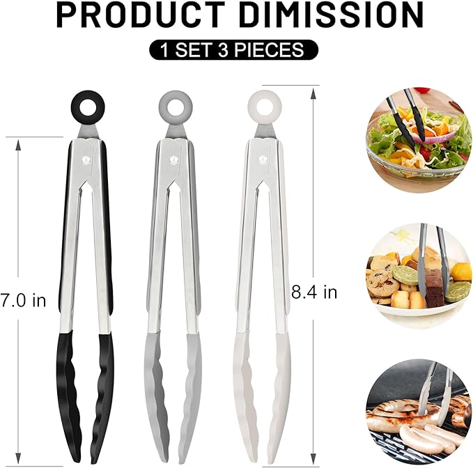 Hotec 7-Inch Mini Silicone Kitchen Tongs, Heat Resistant Non-Stick Small Serving Tongs with Silicone Tips, Food Safe Cooking Tongs Set of 3 (Black, Grey, White) - Image 3