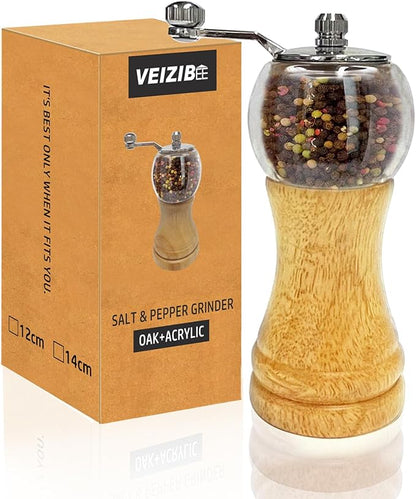 Salt and Pepper Grinder Set Hand Crank Salt and Pepper Mill Classical Wooden Salt Grinder Manual Acrylic Pepper Shaker with Adjustable Coarseness for Home Kitchen (Burlywood 1pcs-6in)