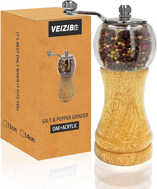 Salt and Pepper Grinder Set Hand Crank Salt and Pepper Mill Classical Wooden Salt Grinder Manual Acrylic Pepper Shaker with Adjustable Coarseness for Home Kitchen (Burlywood 1pcs-6in)