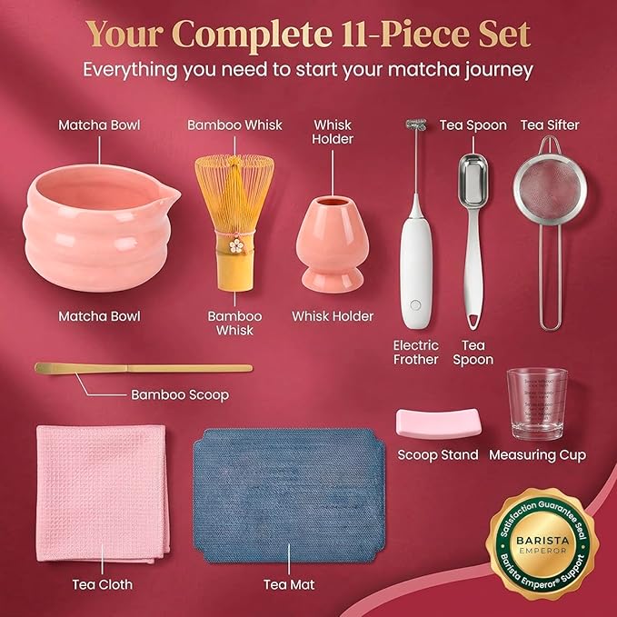 BARISTA EMPEROR® MATCHA WHISK SET PREMIUM 11pcs - Professional Matcha Kit Set with Matcha Bowl, Matcha Whisk, Milk Frother, Spoon, Sifter, Scoop, Stand, Cup, Mat - Aesthetic Pink Matcha Set Kit