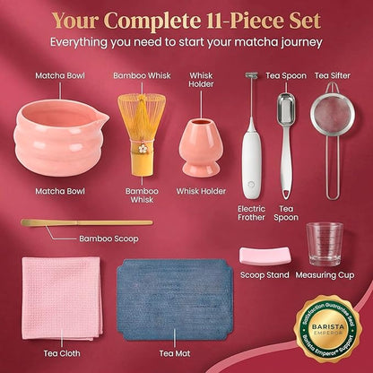 BARISTA EMPEROR® MATCHA WHISK SET PREMIUM 11pcs - Professional Matcha Kit Set with Matcha Bowl, Matcha Whisk, Milk Frother, Spoon, Sifter, Scoop, Stand, Cup, Mat - Aesthetic Pink Matcha Set Kit