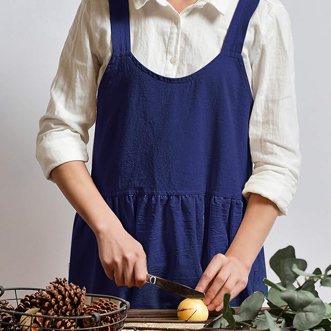 Uaussi Cotton Linen Apron Cross Back Work Apron for Women with Pockets Pinafore Dress X Cross Halter Apron for Chef Gardening - Image 4