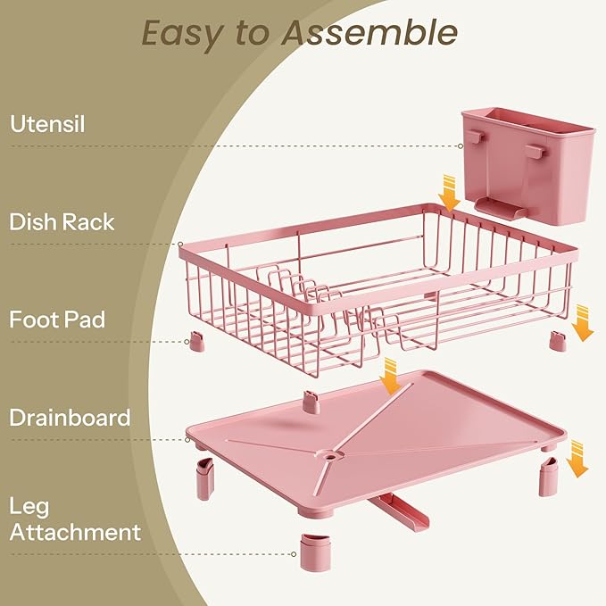 SNTD Dish Drying Rack - Small Dish Rack for Kitchen Counter, Stainless Steel Dish Drainer with Utensil Holder and Drainboard, 11" W x 15" L (Pink) - Image 6