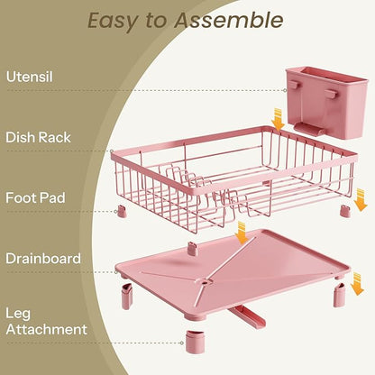 SNTD Dish Drying Rack - Small Dish Rack for Kitchen Counter, Stainless Steel Dish Drainer with Utensil Holder and Drainboard, 11" W x 15" L (Pink) - Image 6