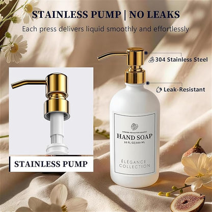 White Glass Soap Dispenser Set of 2, 16oz Hand and Dish Soap Dispenser for Kitchen & Bathroom, Gold Stainless Steel Pump, Non-Slip Base, 14 Waterproof Labels, Contemporary Style - Image 2