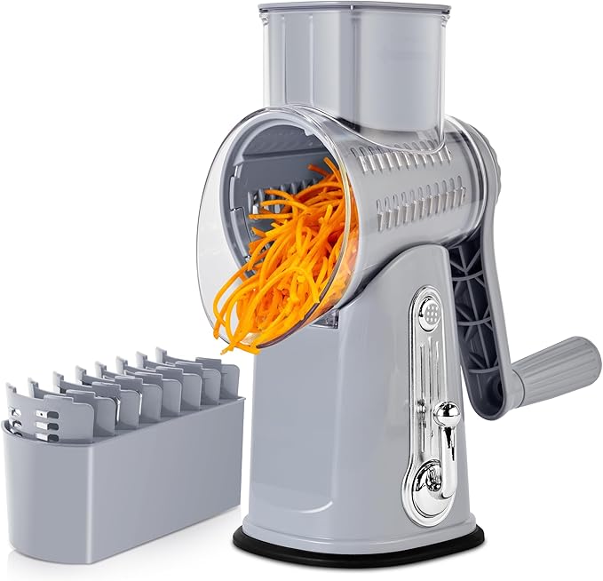 SUSTEAS Rotary Cheese Grater with Handle - Vegetable Shredder with 5 Well-designed Blades & Strong Suction Base,Round Mandoline Slicer & Food Chopper for Kitchen,with Blade Storage Box(Gray) by SUSTEAS