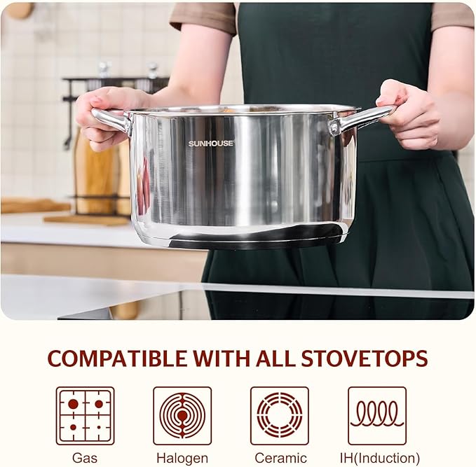 SUNHOUSE Stainless Steel Stock Pot - 7 Quart Heavy-Duty Induction Cooking Pot with Visible Lid for Pasta, Soup, Spaghetti - Nonstick Thick-Bottom Deep Stockpot for Canning, Boiling, and Simmering - Image 4