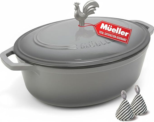 MUELLER HOME 5.5 Quart Enameled Cast Iron Oval Dutch Oven with Rooster Knob & Cotton Potholders, Heavy-Duty Cookware, Oven-Safe up to 500° F & Across All Cooktops, Gifts for Grandma & Women, Gray by MUELLERHOME