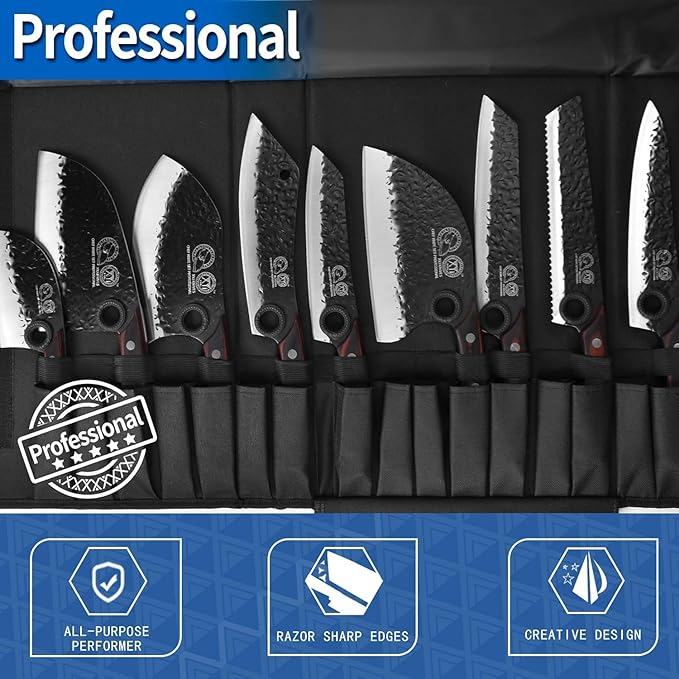 XYJ Professional Serbian Chef Knife Set with Roll Bag, Japanese Culinary Knives, Meat Cleaver, Kitchen Chopping Knife, and Protective Sleeves, Perfect for Home Cooking or Outdoor Camping (13)