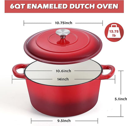 TeamFar Enameled Cast Iron Dutch Oven, 6 Quart Pot with Lid & Dual Handles - Heavy Duty Cookware Oven Safe up to 500° F for Bread Baking, Stews, Braising, Roasting - Red - Image 2