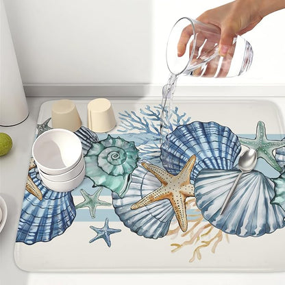 Summer Sea Shell Drying Mat 24x18 Inch, Starfish Drying Mat with Absorbent Reversible Microfiber, Coastal Dish Drainer Mats Holiday Ocean Rack Pad for Coffee Countertop Kitchen Protector