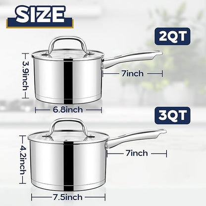 LIANYU Stainless Steel Saucepan Set of 2, 2QT & 3QT Sauce Pan with Tempered Glass Lid, Tri-Ply Bottom Small Cooking Pot, Oven & Dishwasher Safe