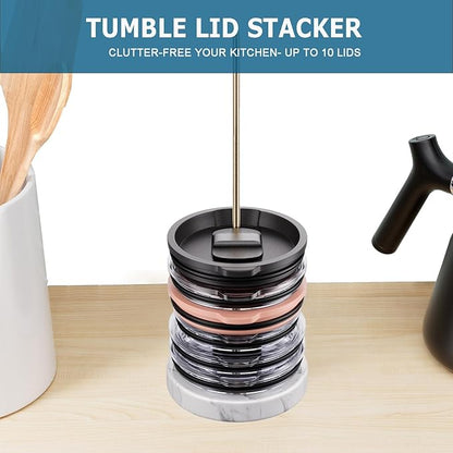 Tumbler Lid Organizer with Marble Base for Stanley /Yeti Tumbler,Space-saving Vertical Cup Lid Holder Storage Design for Up to 10 Lids,Clutter-Free Kitchen Cabinets and Countertops (Black)
