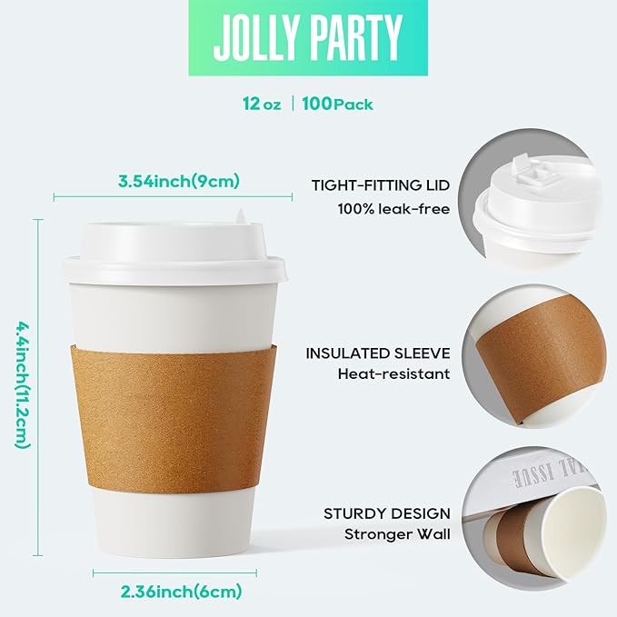 [100 Pack] 12 oz Paper Coffee Cups, Disposable Paper Coffee Cup with Lids, Sleeves, and Stirrers, Hot/Cold Beverage Drinking Cup for Water, Juice or Tea, Suitable for Home, Shops and Cafes - Image 2