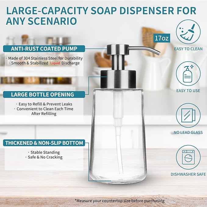 Soap Dispenser, Glass Hand Soap Dispenser with Rust Proof Pump, 16oz Liquid Soap Container with Waterproof Labels, Dish & Hand Soap Pump for Bathroom, Kitchen, Brushed Nickel, Pack of 2 - Image 4