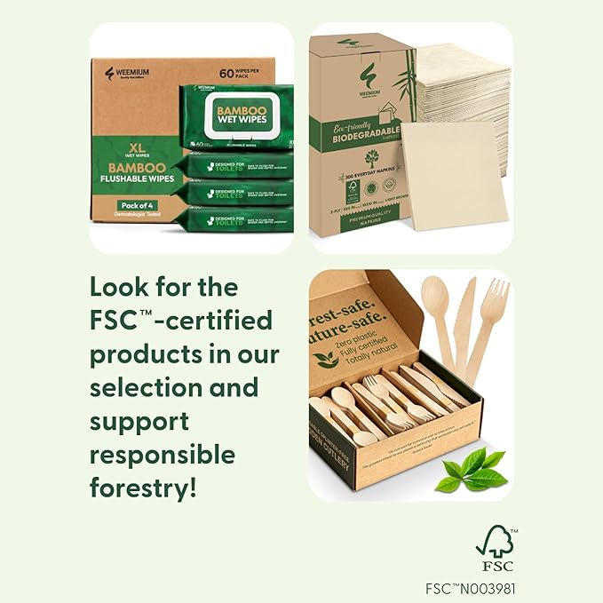 Weemium Disposable Wooden Cutlery Set - 300 Count (100 Forks, 100 Knives, 100 Spoons) – Plastic-free Packaging - Biodegradable Silverware and Splinter-free Compostable Utensils for Parties - Image 2