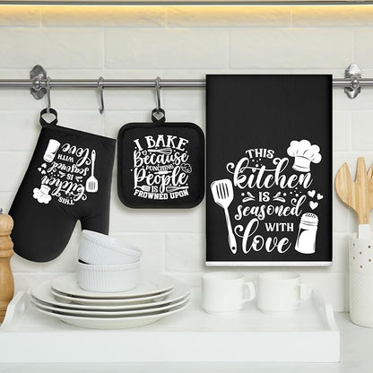 Sratte 6 Pcs Kitchen Decor Accessories Set Farmhouse Towels Pot Holders Oven Mitts Set 2 Dish Towels 2 Potholders 2 Cooking Mittens Oven Glove for Christmas Baking Cooking Supply(Black,Baking) - Image 3