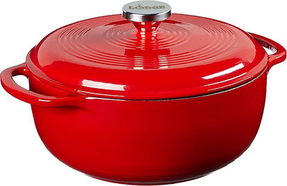 Lodge 4.5 Quart Enameled Cast Iron Dutch Oven with Lid – Dual Handles – Oven Safe up to 500° F or on Stovetop - Use to Marinate, Cook, Bake, Refrigerate and Serve – Solid Red by Lodge