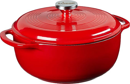 Lodge 4.5 Quart Enameled Cast Iron Dutch Oven with Lid – Dual Handles – Oven Safe up to 500° F or on Stovetop - Use to Marinate, Cook, Bake, Refrigerate and Serve – Solid Red by Lodge