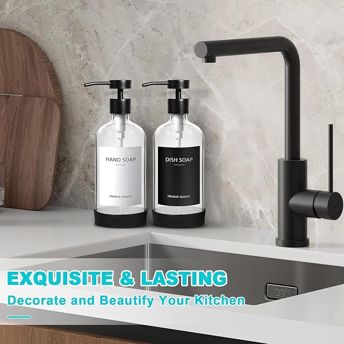 RYTOXILO Clear Soap Dispenser 2 Pack, Glass Soap Dispenser with Stainless Steel Pump, 16.9 Fl oz Refillable Kitchen Hand and Dish Soap Dispensers Set, Modern Clear Soap Lotion Dispensers Bottle - Image 6
