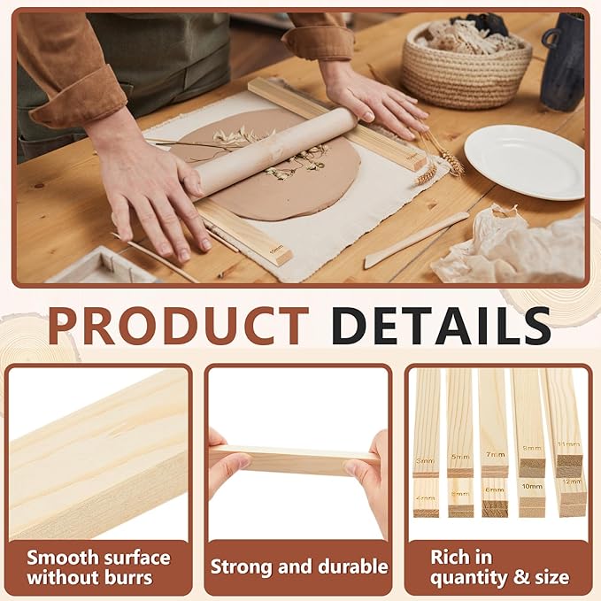 Sasylvia 20 Pcs Pottery Rolling Pin Guides Wood Teaching Rolling Mud Stick Guide Set Polymer Clay Depth Guide Pottery Tools Clay Mudboard Tools (10 Size,Wood Color) - Image 3