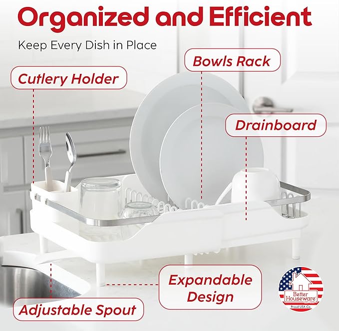 Better Houseware Expandable Dish Drying Rack - Space-Saving Stainless Steel Dish Racks for Kitchen Counter with drainboard and Detachable Cutlery Holder, Large, White - Image 4