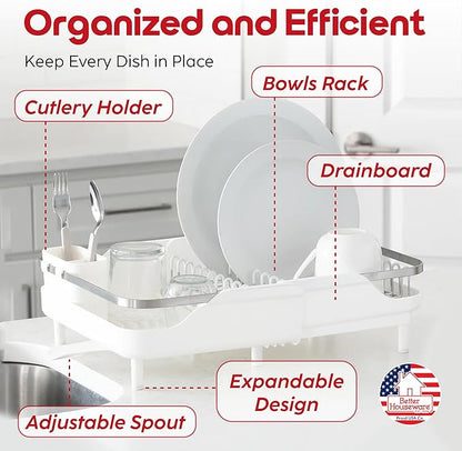 Better Houseware Expandable Dish Drying Rack - Space-Saving Stainless Steel Dish Racks for Kitchen Counter with drainboard and Detachable Cutlery Holder, Large, White - Image 4