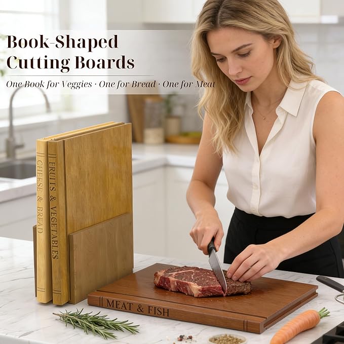 Book Cutting Board Set with Wooden Stand-Wooden Kitchen Cutting Boards That Look Like Books for Vegetables Cheese Meat, Chopping Board Gift Set for Home Cooks & Kitchen Decor - Image 2