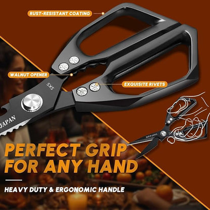 HUUSK Kitchen Scissors Set Black - Stainless Steel Kitchen Shears, Sharp Meat Scissors Dishwasher Safe, Heavy Duty Poultry Shears All Purpose, Japanese Cooking Scissor for Food,Christmas Gifts for Men - Image 4