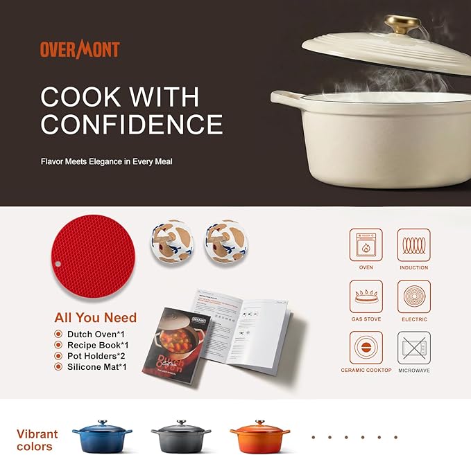 Overmont Enameled Cast Iron Dutch Oven - 5.5QT Pot with Lid Cookbook & Cotton Potholders - Heavy-Duty Cookware for Braising, Stews, Roasting, Sourdough Baking White - Image 6