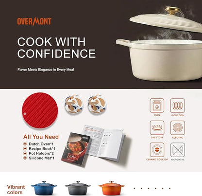 Overmont Enameled Cast Iron Dutch Oven - 5.5QT Pot with Lid Cookbook & Cotton Potholders - Heavy-Duty Cookware for Braising, Stews, Roasting, Sourdough Baking White - Image 6