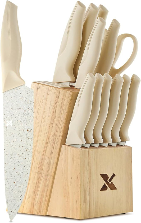 XANAPON Knife Set, Dishwasher Safe Kitchen Knife Set, CreamWhite Ergonomic Handle and Ceramic-Coated Blades, Built-in Sharpener Block, Sturdy German Stainless Steel by Xanapon