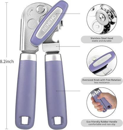 Beneno Heavy Duty Hand Can Opener Manual with Magnet, Durable Sharp Carbon Steel Blade Smooth Cutting, Big Effort-Saving Knob, Soft Grip Handle, Multifunctional Kitchen Tool with Bottle Opener, Purple - Image 2