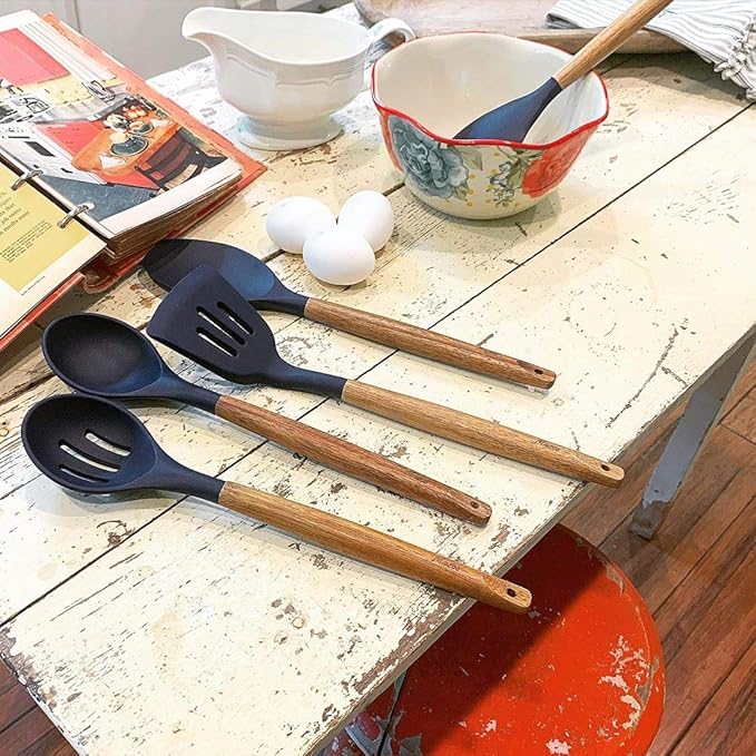 Non-Stick Silicone Kitchen Utensils Set with Natural Acacia Hard Wood Handle, 5 Piece, Midnight Blue, BPA Free, Baking & Serving Silicone Cooking Utensils - Image 6
