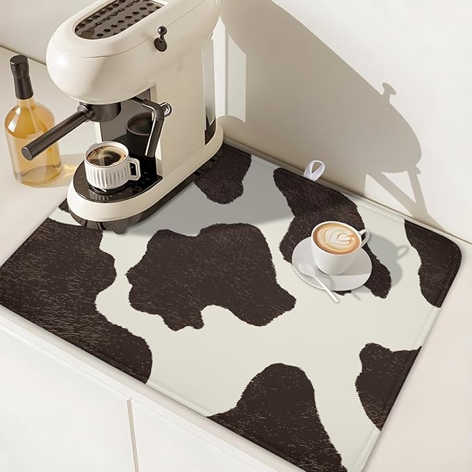 Milk Cow Drying Mat 24x18 Inch, Brown White Cowhide Drying Mat with Absorbent Reversible Microfiber, Cattle Fur Farmhouse Dish Drainer Mats Summer Rack Pad for Coffee Countertop Kitchen Protector