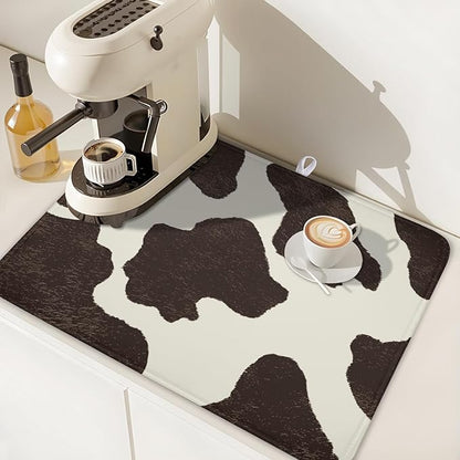 Milk Cow Drying Mat 24x18 Inch, Brown White Cowhide Drying Mat with Absorbent Reversible Microfiber, Cattle Fur Farmhouse Dish Drainer Mats Summer Rack Pad for Coffee Countertop Kitchen Protector