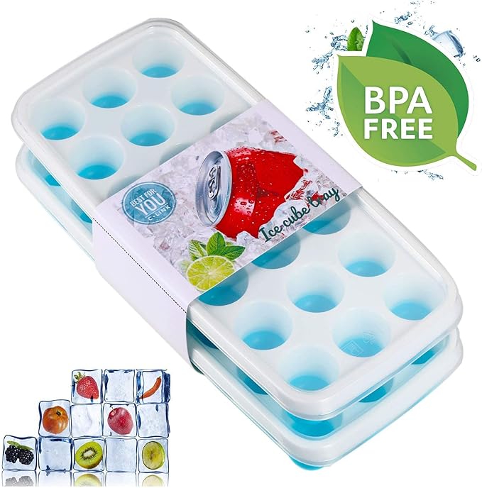 Ice Cube Trays Easy Release-Odor free,Spill Resistant Lid Included,2 Pack, Small Size, Stackable 42 Cubes,Silicone(Blue)