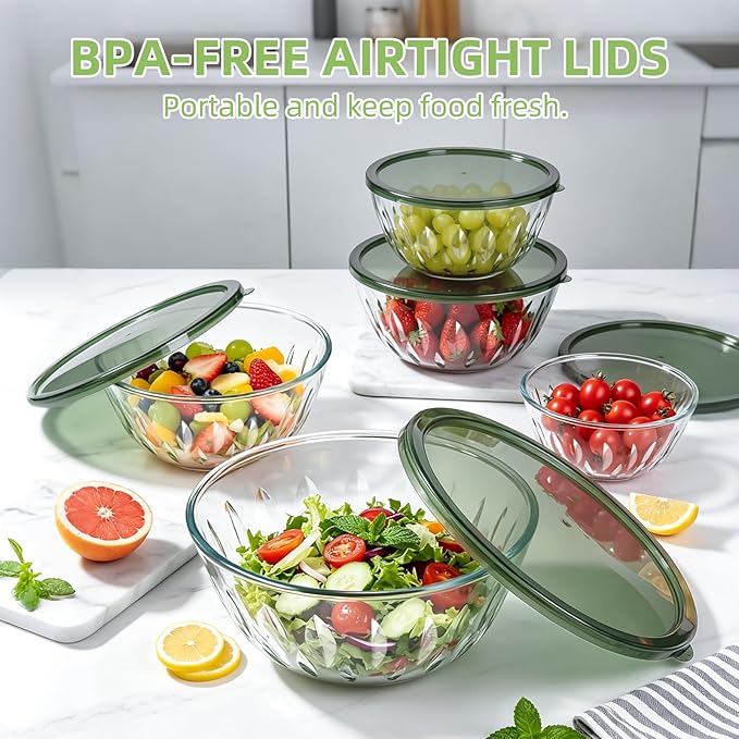 Luvan 5-Pack Glass Mixing Bowls with Lids Set - Leaf Pattern Clear Serving Bowls with Dark Green Translucent Lids, Nesting Borosilicate Salad Bowl, Dishwasher & Microwave Safe - Image 7