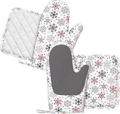 Christmas Winter Snowflake Oven Mitts and Pot Holders Set, 4pcs Silicone Christmas Snowflakes Oven Glove for Kitchen Heat Resistant Oven Mitts and Potholders Non-Slip for Cooking