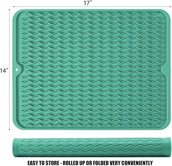 Large 17" x 14" Silicone Dish Drying Mat for Kitchen Counter, Easy clean, Quick Dry, Heat-resistant Dish Drainer Mat for Sink,Refrigerator or Drawer liner (Food Grade Silicone-Green) - Image 2