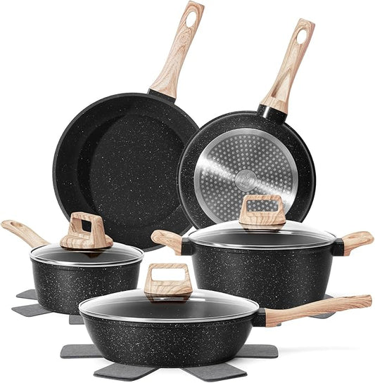 SODAY 12 Pcs Pots and Pans Set Non Stick, Cookware Sets Black Granite Induction Cookware, Non-toxic Healthy Nonstick Kitchen Cooking Set with Frying Pans Set, Saucepans (PFAS/ PFOA/ PFOS Free) by SODAY