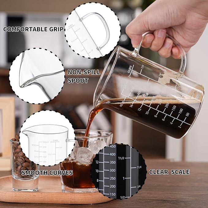 BCnmviku 500ML 2 CUP Glass Measuring Cup With Handle, High Borosilicate Glass Three Scales (OZ, Cup, ML/CC for Kitchen or Restaurant Easy To Read - Image 8