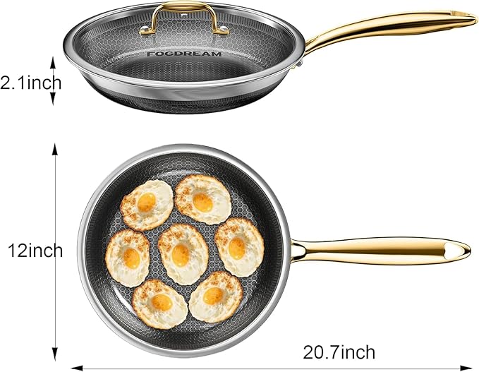 FogDream 12 Inch Stainless Steel Frying Pan with Lid, Honeycomb Hybrid Nonstick Skillet for Induction & All Cooktops, PFAS/PFOA/PTFE Free, Oven Safe to 500°F, Stay-Cool Handle, Dishwasher Safe, Gold - Image 6