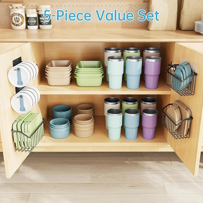 NiHome 5PCS Cabinet Door Lid Organizers Holders for Food Storage Container Lids Tupperware Tumblers Canning Lids, 3 Sizes Rustproof Metal Baskets for Spices, Toiletries, Under Sink or RV Storage