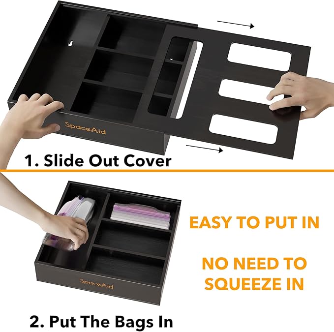 SpaceAid Bag Storage Organizer for Kitchen Drawer, Bamboo Organizer, Compatible with Gallon, Quart, Sandwich and Snack Variety Size Bag (1 Box 4 Slots), Black - Image 5