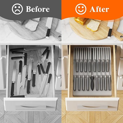 Lifewit Magnetic Drawer Knife Organizers Insert, Kitchen Plastic In Drawer Knife Block Slots, Steak Chefs Knives Holder Storage for 16 Knives and 1 Sharpening Steel, Extra Large, Gray, 16.5"/42 cm(W)