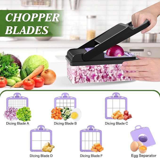 HomeHacks Vegetable Chopper Vegetable Cutter, 15 in 1 Kitchen Gadget, Dicer, Slicer, Onion Cutter, Salad, Cheese Grater & Egg Separator - Multi-Functional Veggie Chopper Lid with Handle (Purple) - Image 2