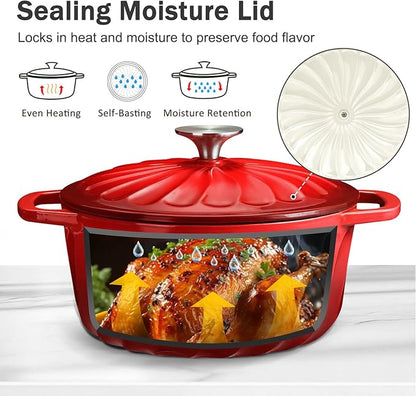 6 QT Enameled Cast Iron Dutch Oven with Lid, Non-Seasoning Enamel Coated Pot, 500°F Oven Safe, Dual Handles, Compatible with All Cooktops for Bread Baking, Braising & Stewing, White (Red,6 QT)