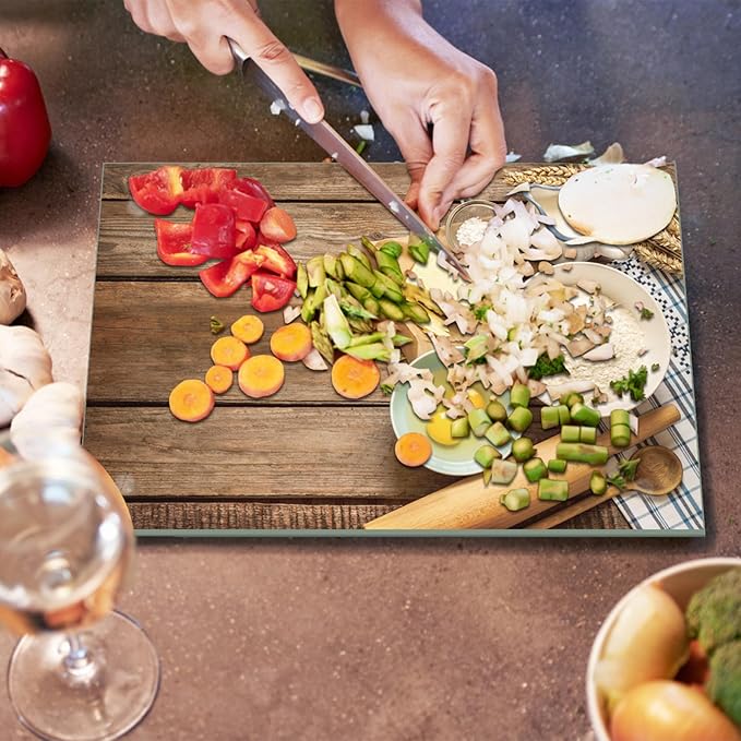JAMBALAY Tempered Glass Cutting Board, 10"x14" for Kitchen Dishwasher Safe with Rubber Feet, Scratch Resistant, Heat Resistant, Shatterproof, Flour Pattern